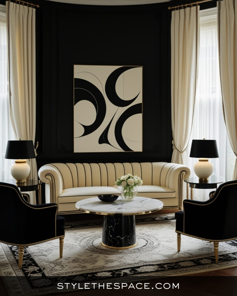 Black Living Room With Elegant Cream and Gold Contrast