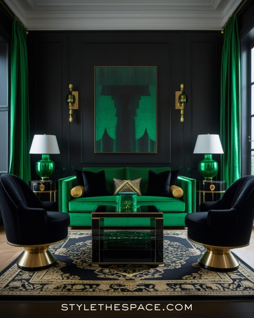 Black Living Room With Rich Emerald Green Accents