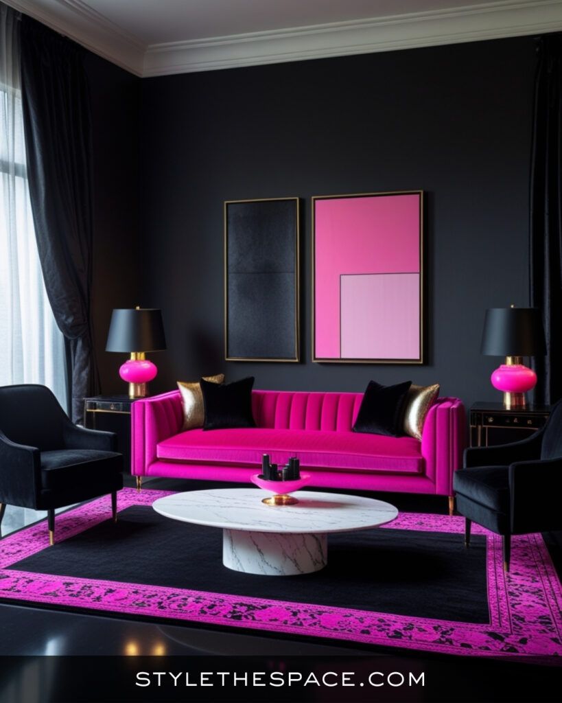 Black Living Room With Bold Pink Glam Accents