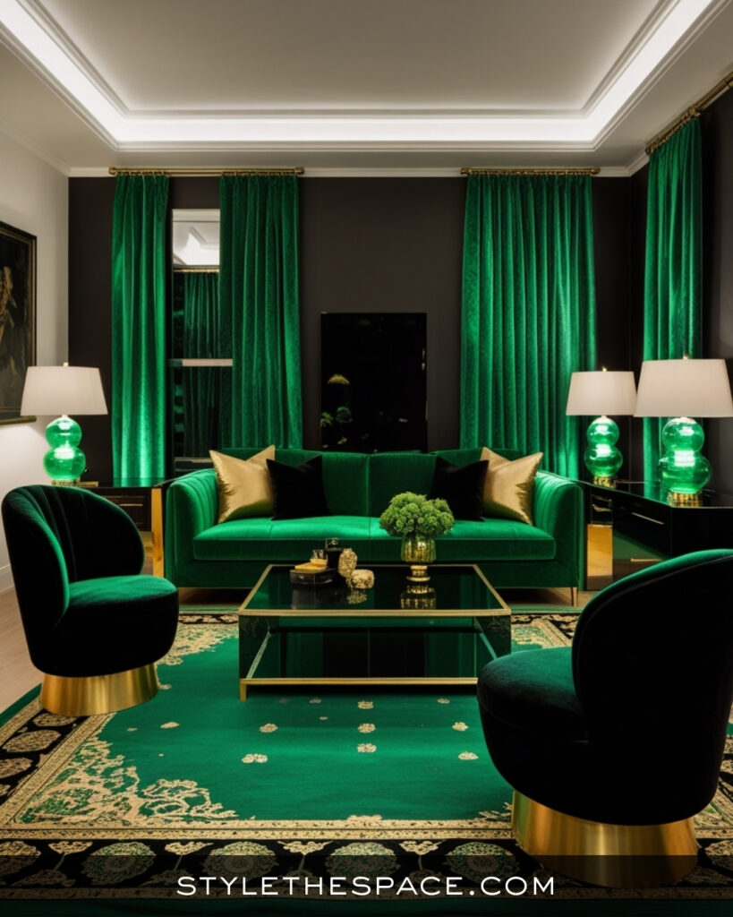 Black Living Room With Rich Emerald Green Accents