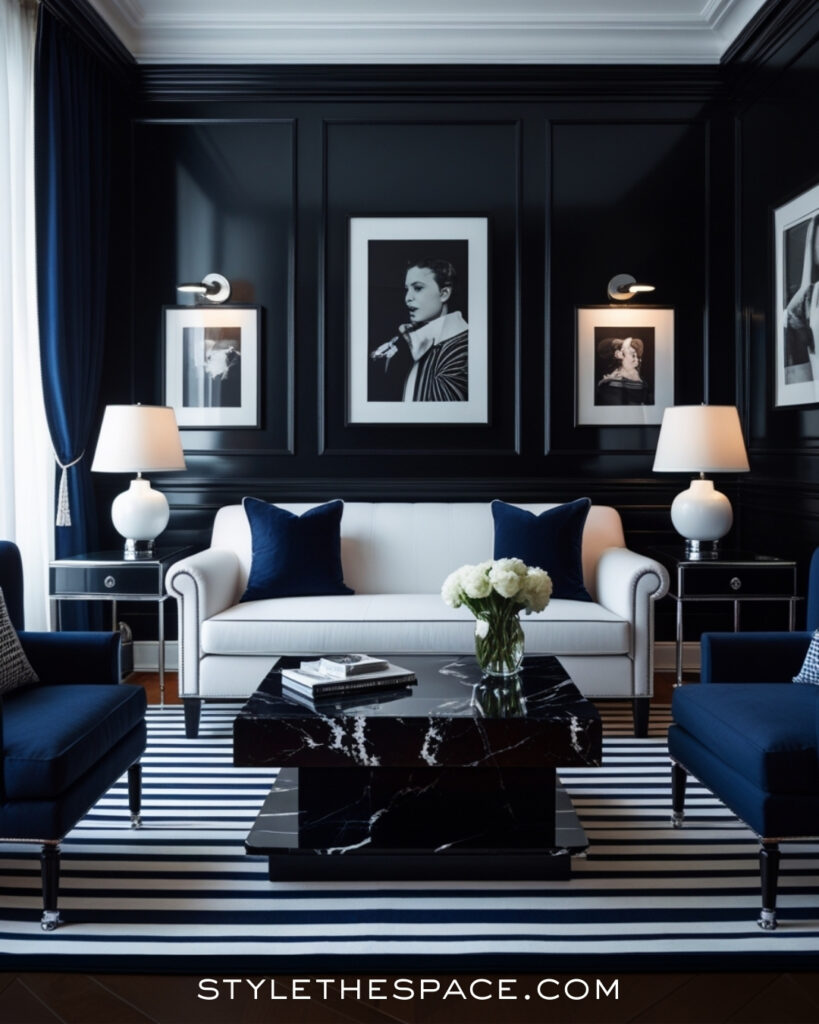 Black Living Room With Navy and White Classic Contrast