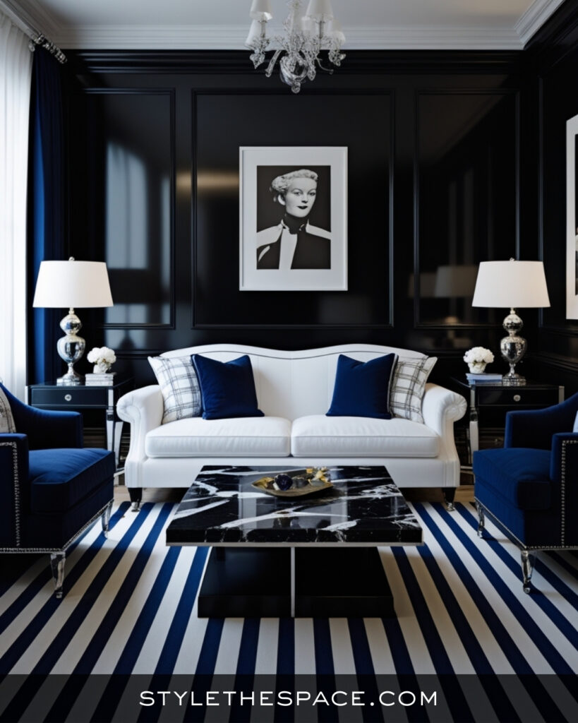 Black Living Room With Navy and White Classic Contrast
