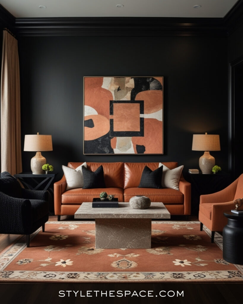 Black Living Room With Warm Terracotta and Soft Neutrals