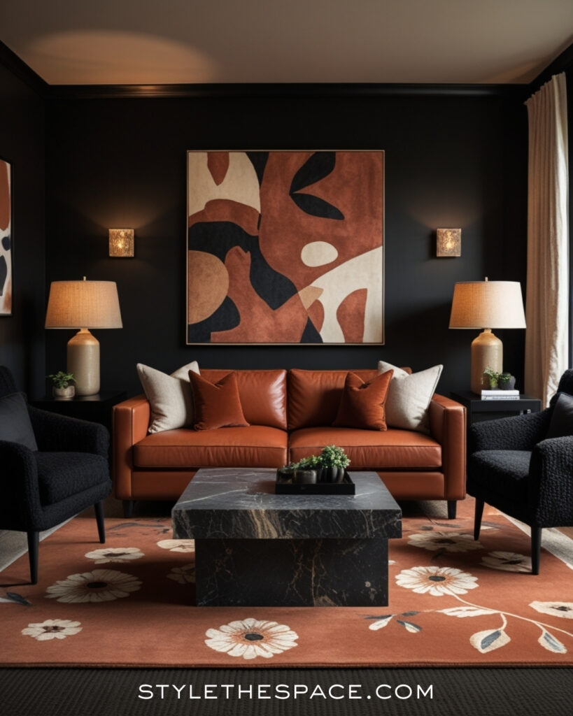 Black Living Room With Warm Terracotta and Soft Neutrals