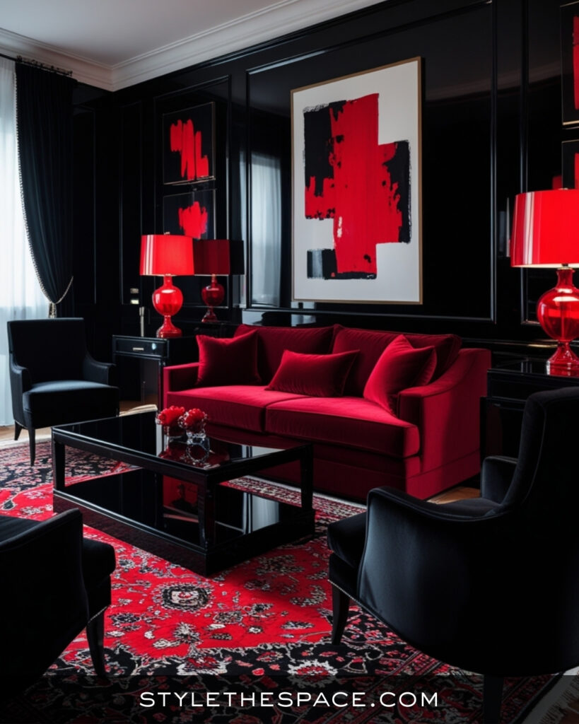 Black Living Room With Bold Red Statement Accents