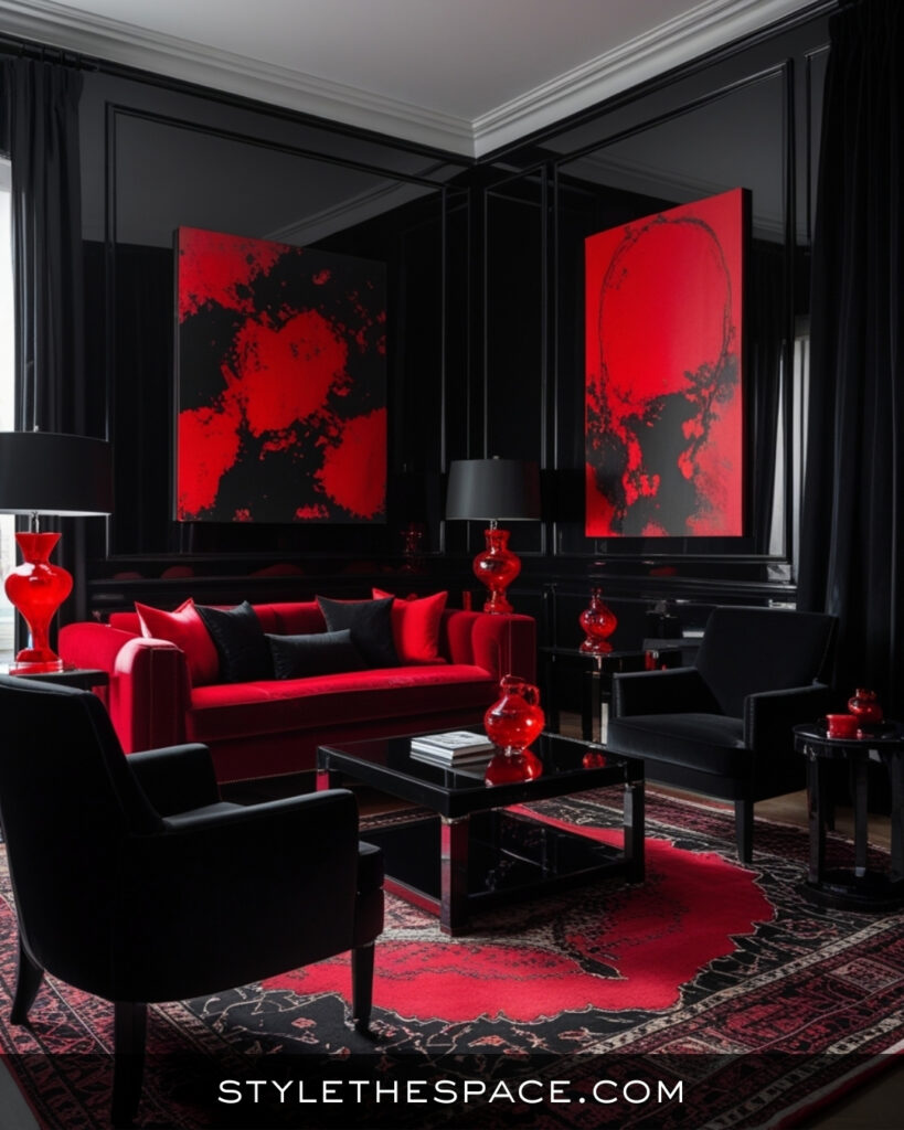 Black Living Room With Bold Red Statement Accents