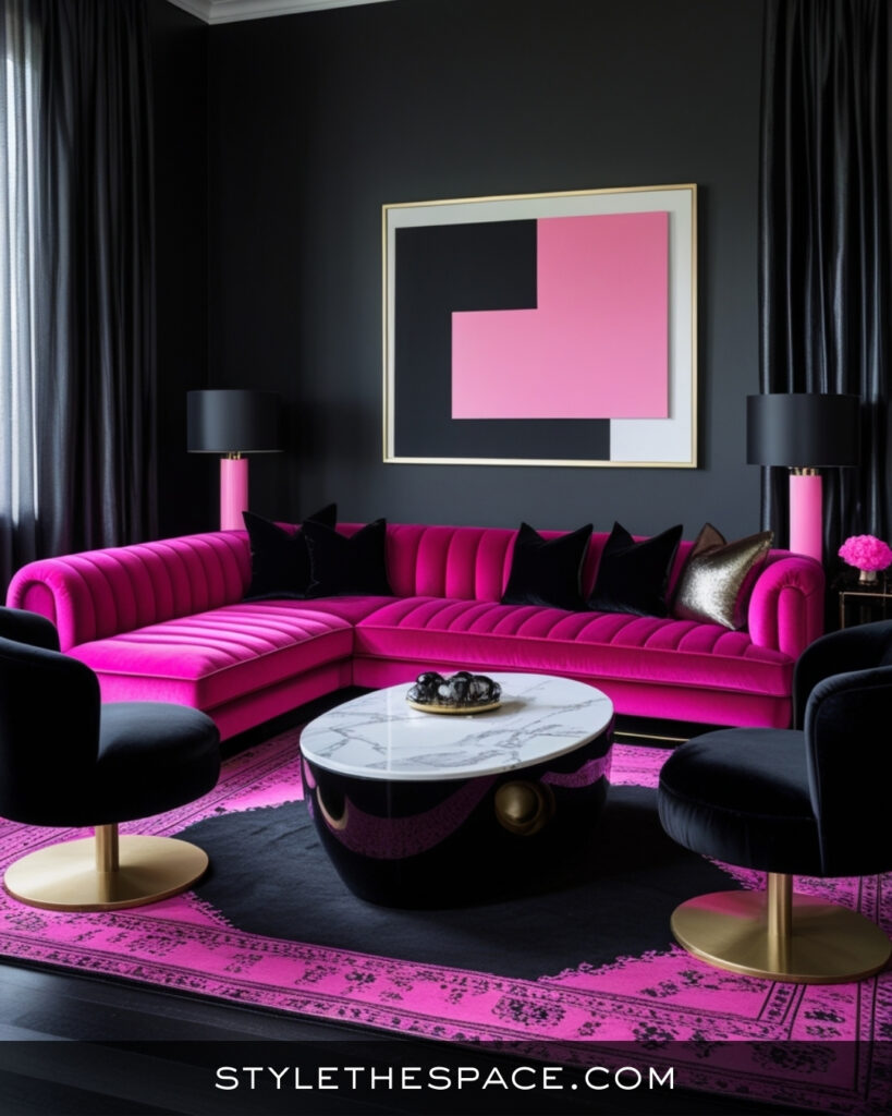 Black Living Room With Bold Pink Glam Accents