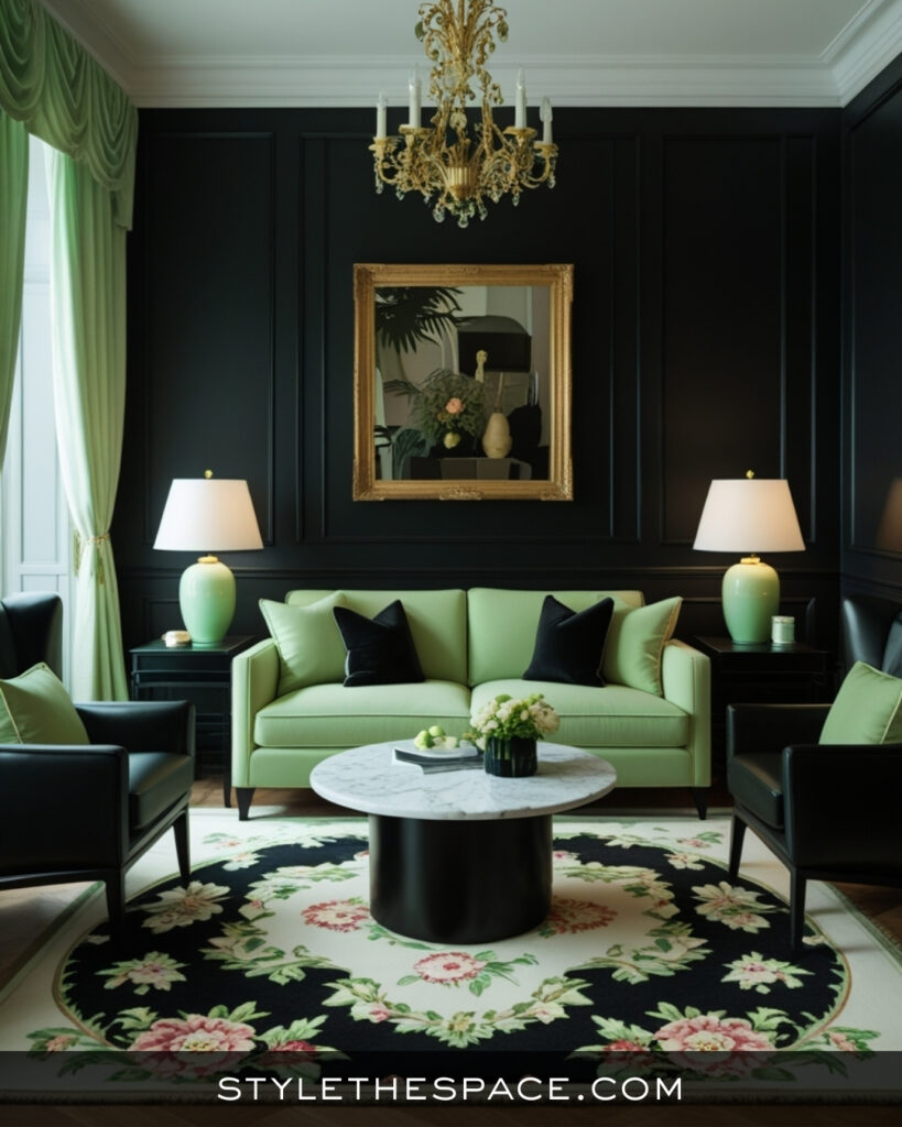Black Living Room With Soft Sage Green Elegance