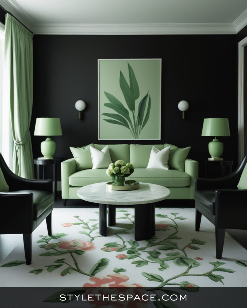 Black Living Room With Soft Sage Green Elegance