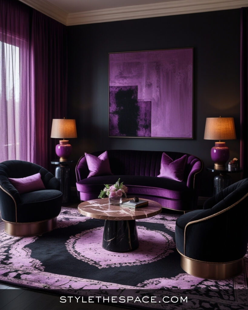 Black Living Room With Rich Purple Velvet Accents