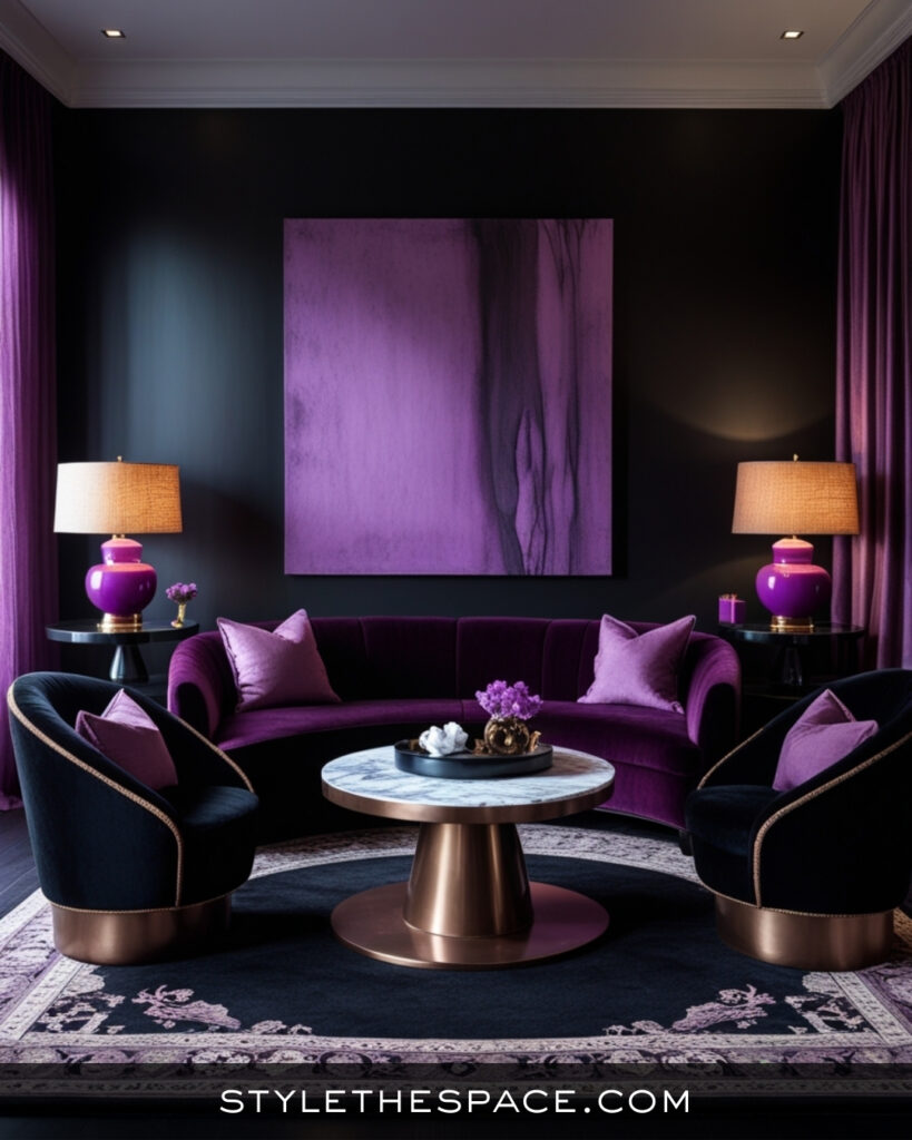 Black Living Room With Rich Purple Velvet Accents