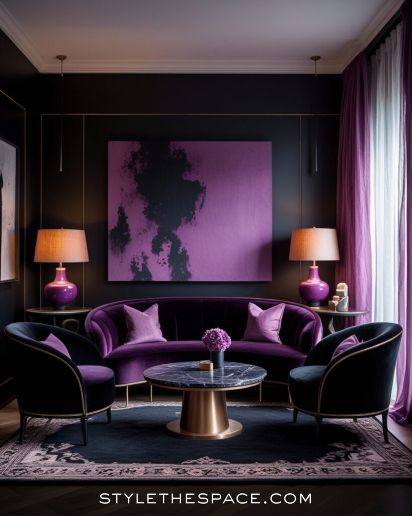Black Living Room With Rich Purple Velvet Accents