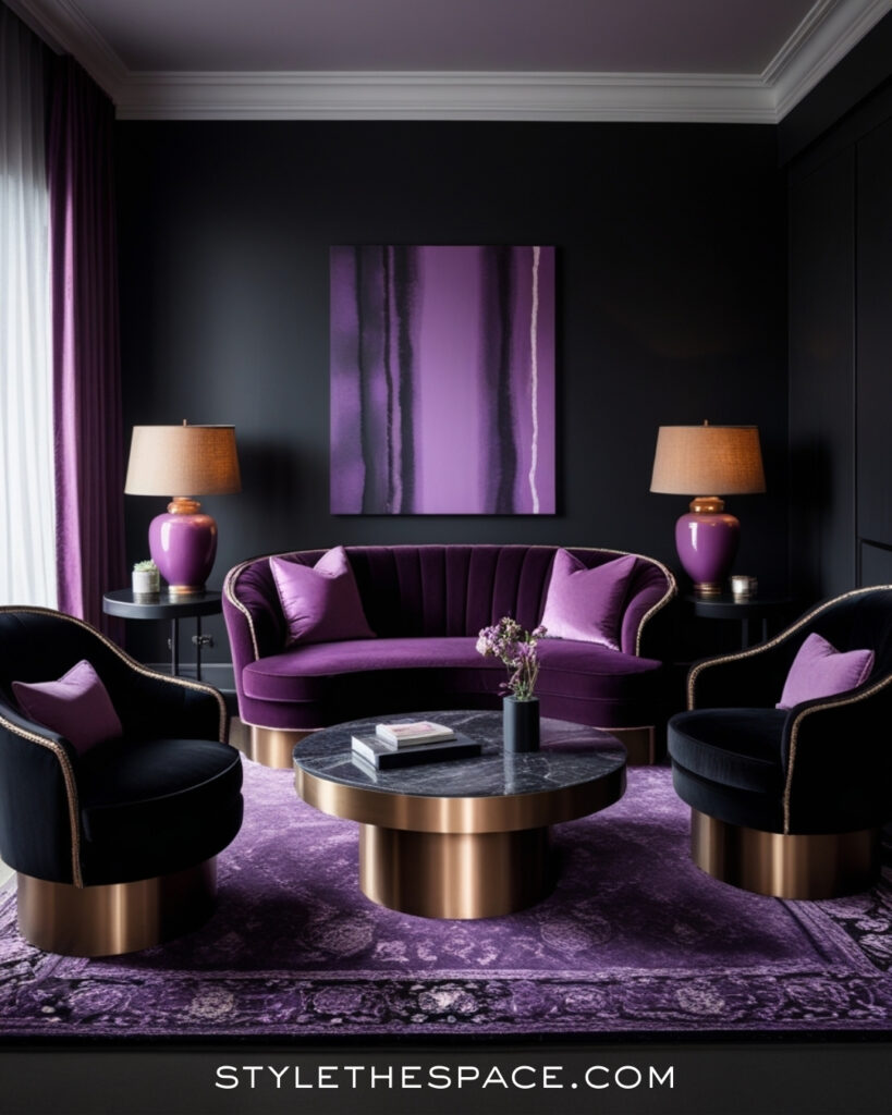 Black Living Room With Rich Purple Velvet Accents