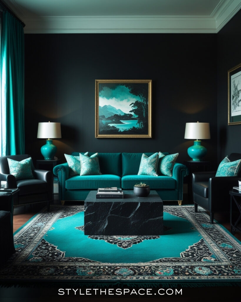 Black Living Room With Teal Blue Statement Seating