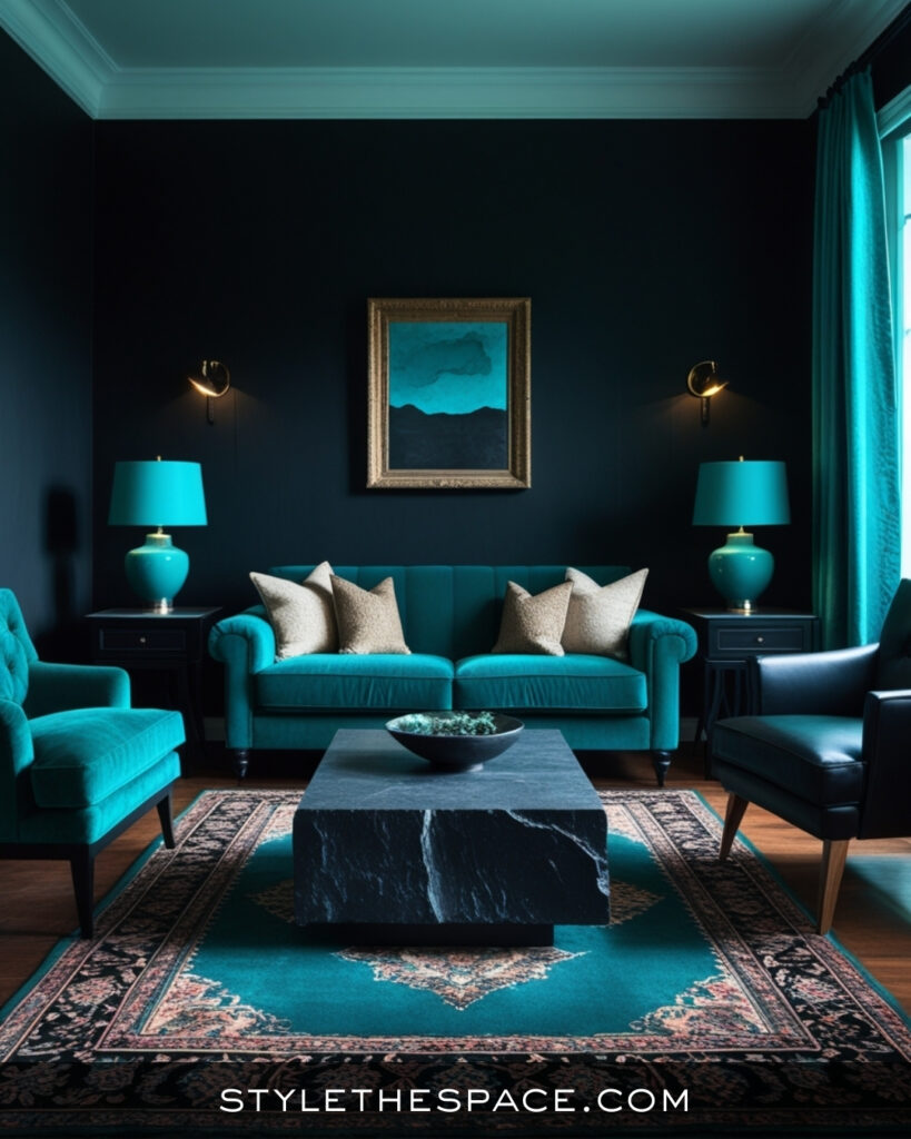 Black Living Room With Teal Blue Statement Seating