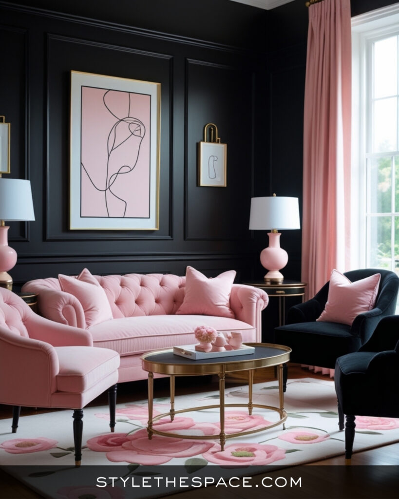 Black Living Room With Soft Blush Pink Elegance