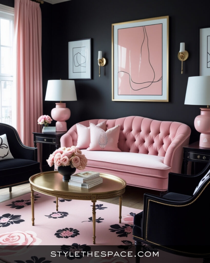 Black Living Room With Soft Blush Pink Elegance