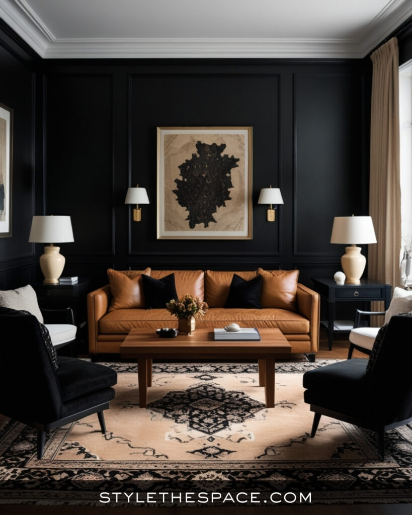 Black Living Room With Cognac Leather and Warm Neutrals