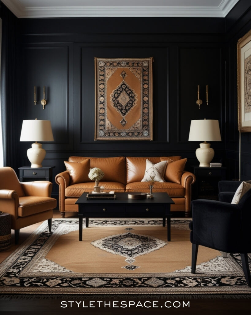 Black Living Room With Cognac Leather and Warm Neutrals