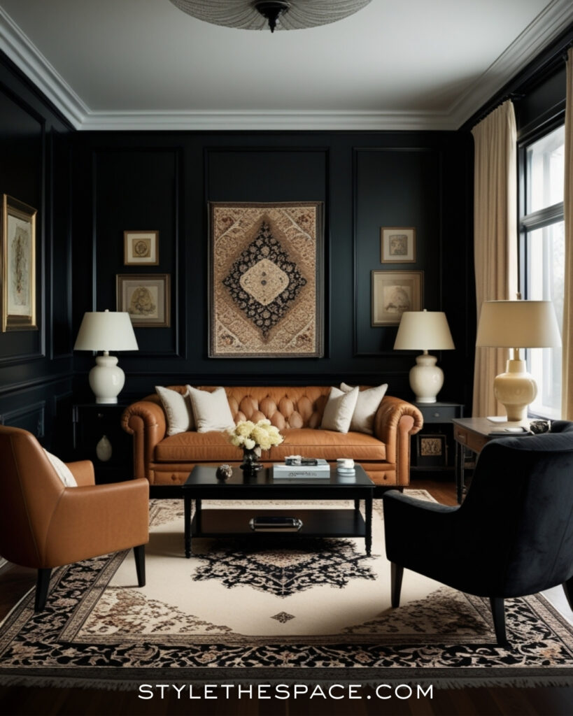 Black Living Room With Cognac Leather and Warm Neutrals