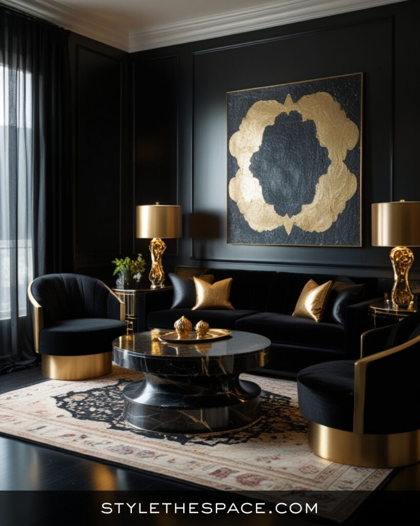 Black Living Room With Luxe Gold and Velvet Details