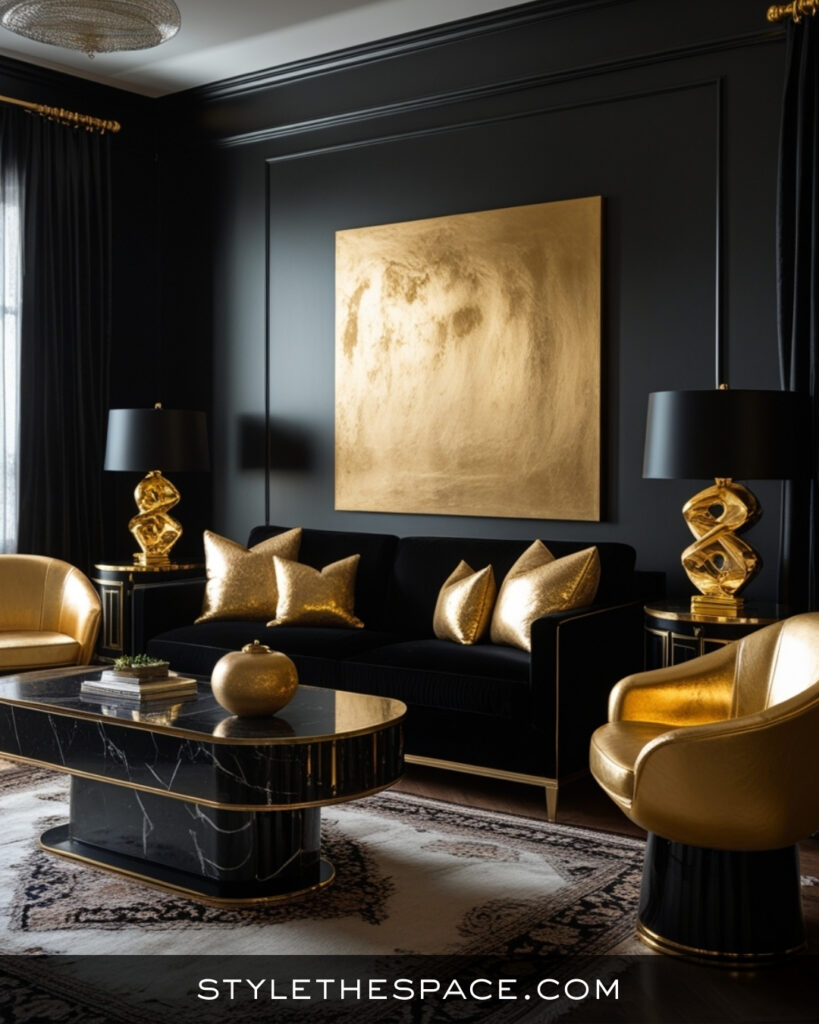 Black Living Room With Luxe Gold and Velvet Details