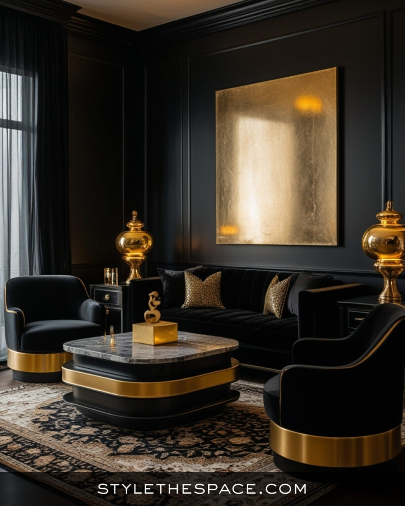 Black Living Room With Luxe Gold and Velvet Details