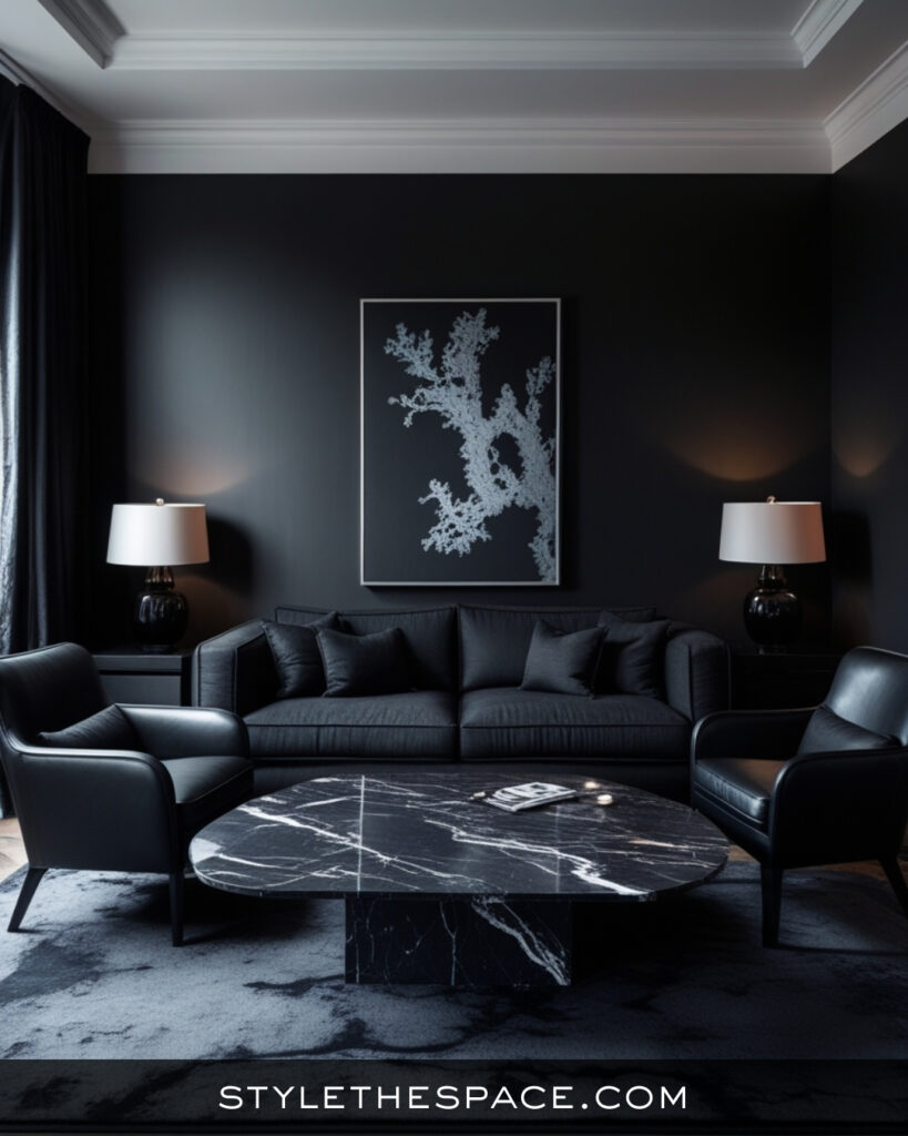 Black Living Room With Sleek Monochrome Luxury
