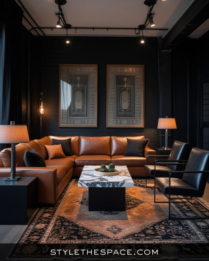 Black Living Room With Warm Leather and Industrial Edge