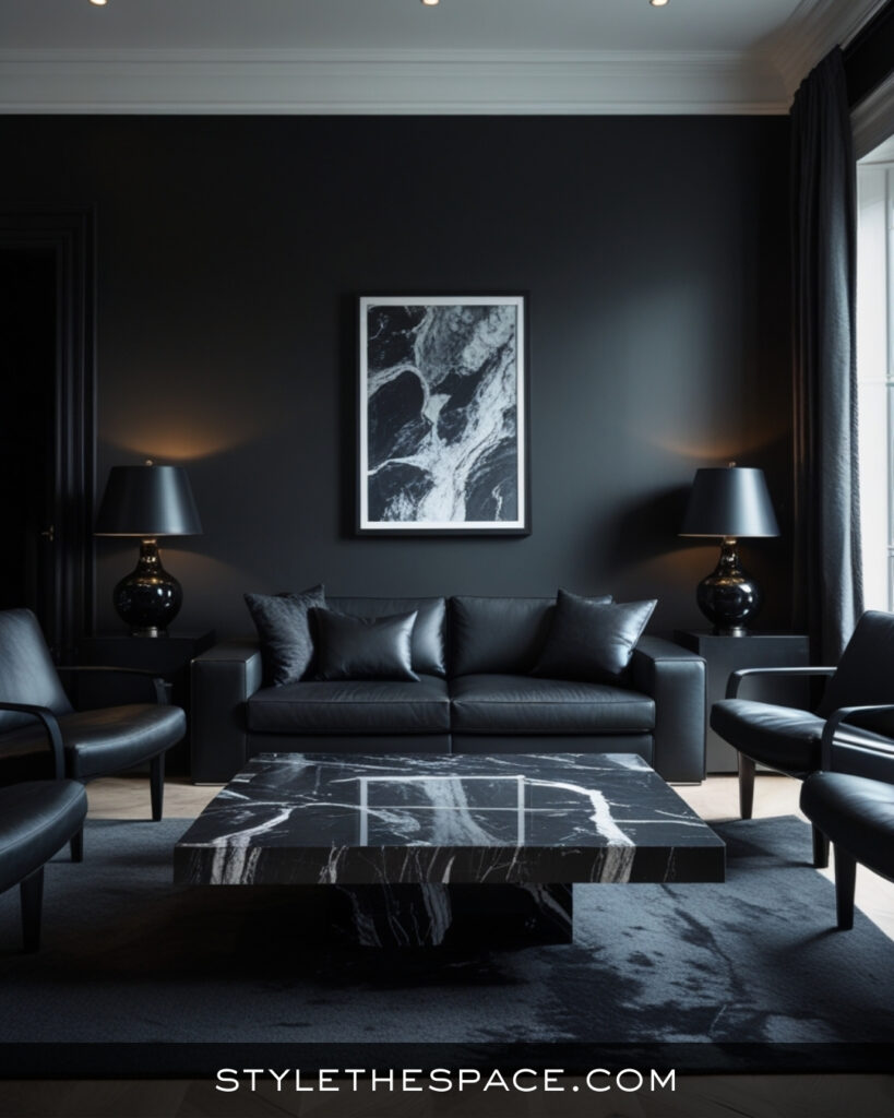 Black Living Room With Sleek Monochrome Luxury