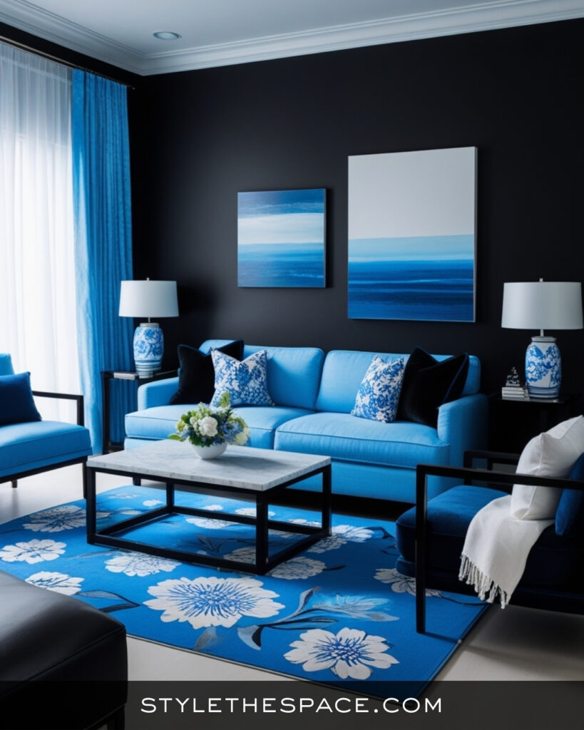 Black Living Room With Bright Blue Coastal Contrast