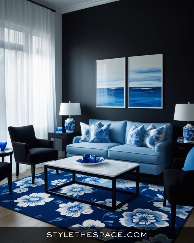 Black Living Room With Bright Blue Coastal Contrast
