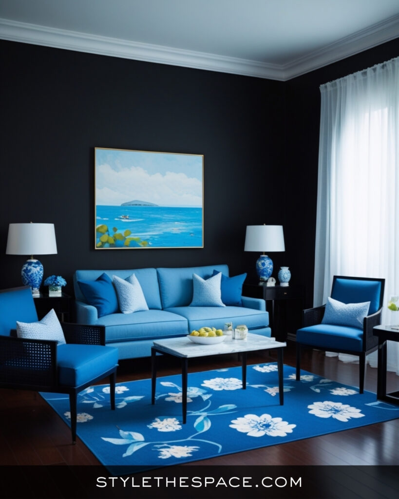 Black Living Room With Bright Blue Coastal Contrast