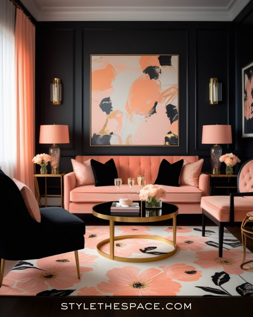 Black Living Room With Soft Peach and Blush Glam