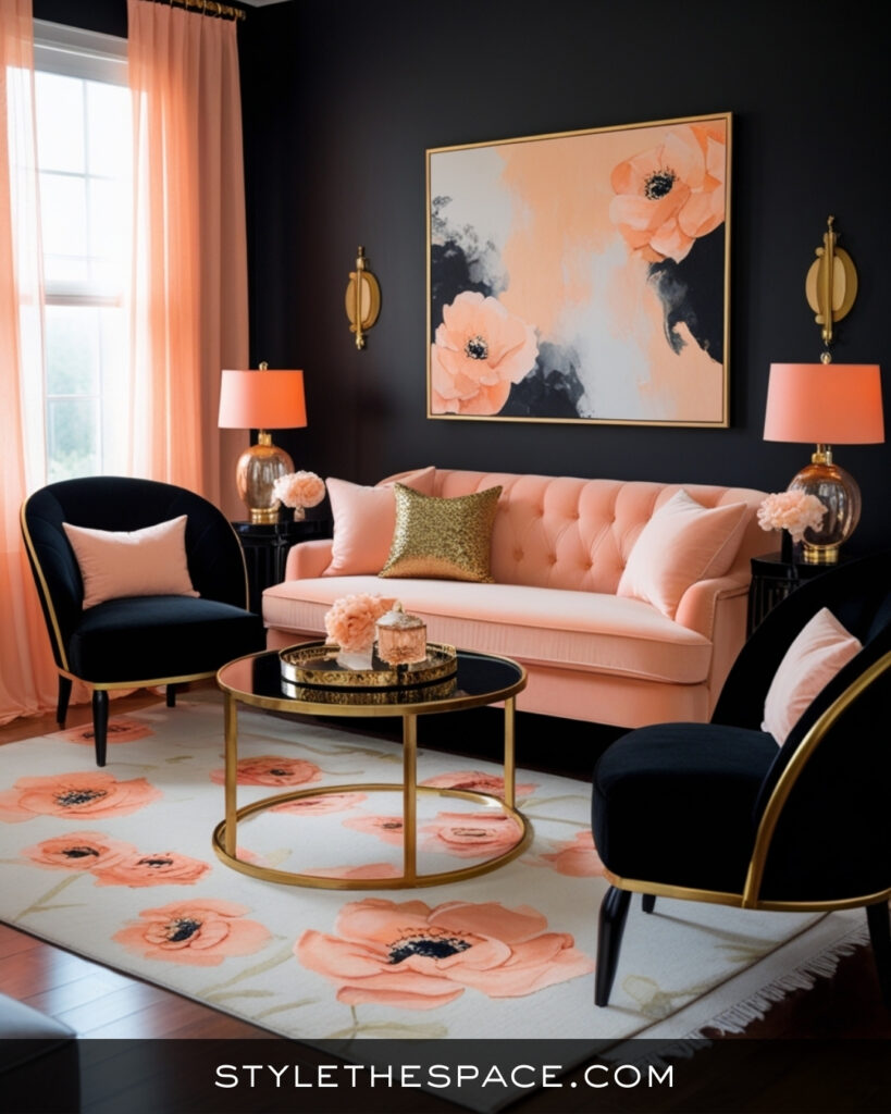 Black Living Room With Soft Peach and Blush Glam