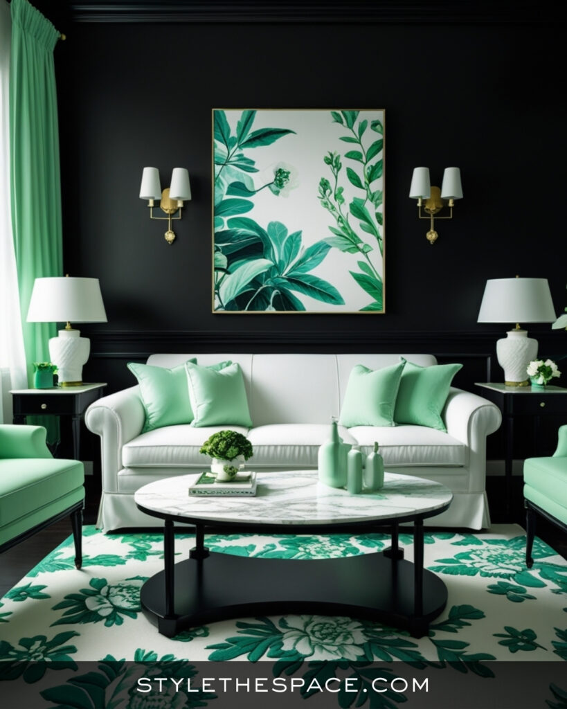 Black Living Room With Fresh Mint Green and White Contrast