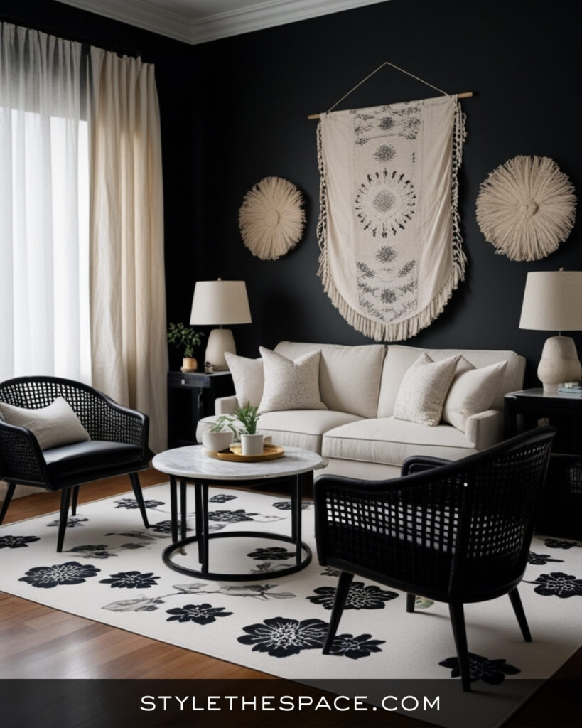 Black Living Room With Soft Boho Neutrals