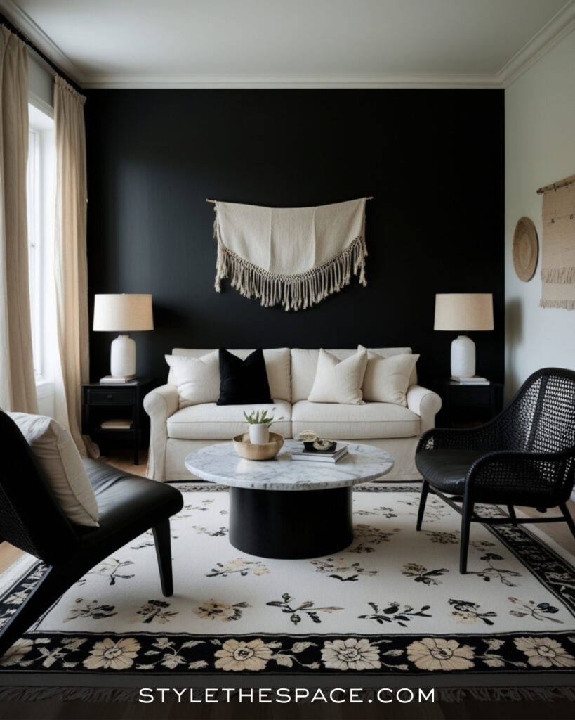 Black Living Room With Soft Boho Neutrals