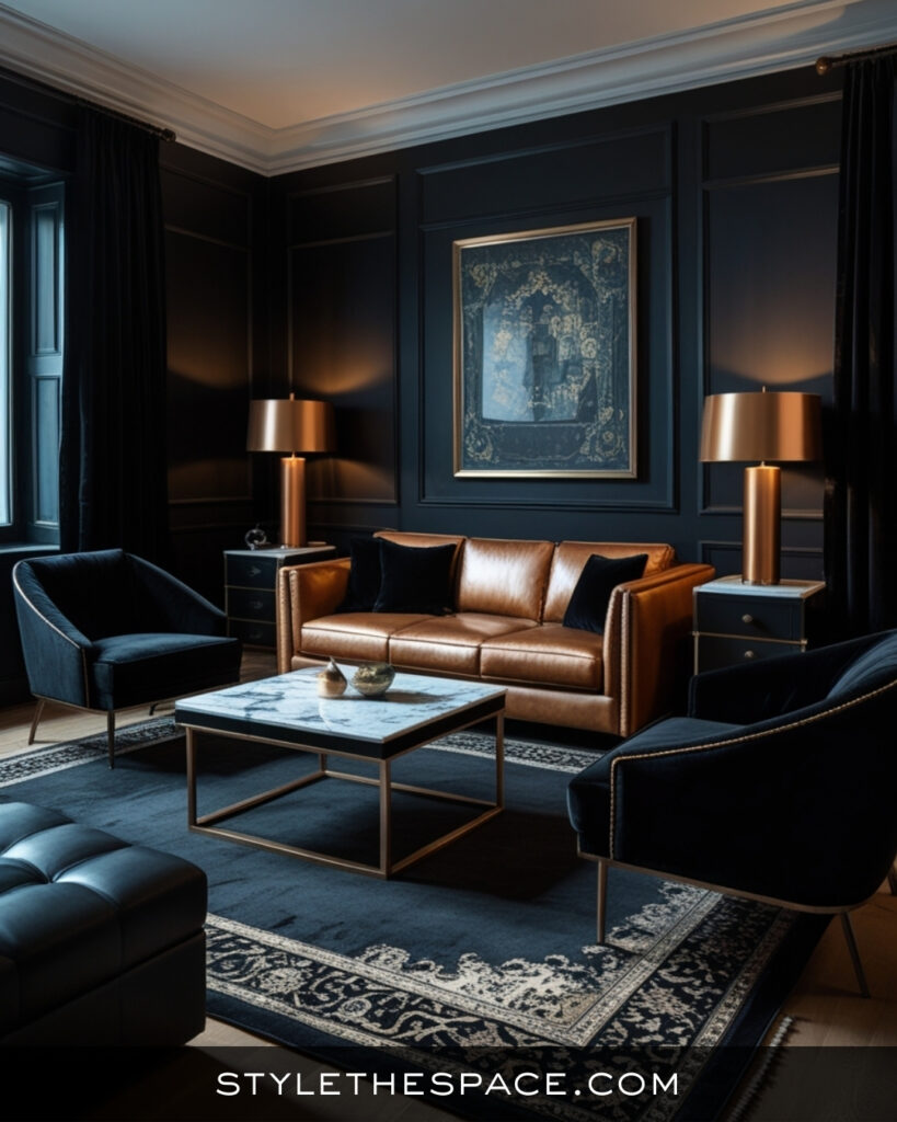 Black Living Room With Warm Leather and Moody Elegance
