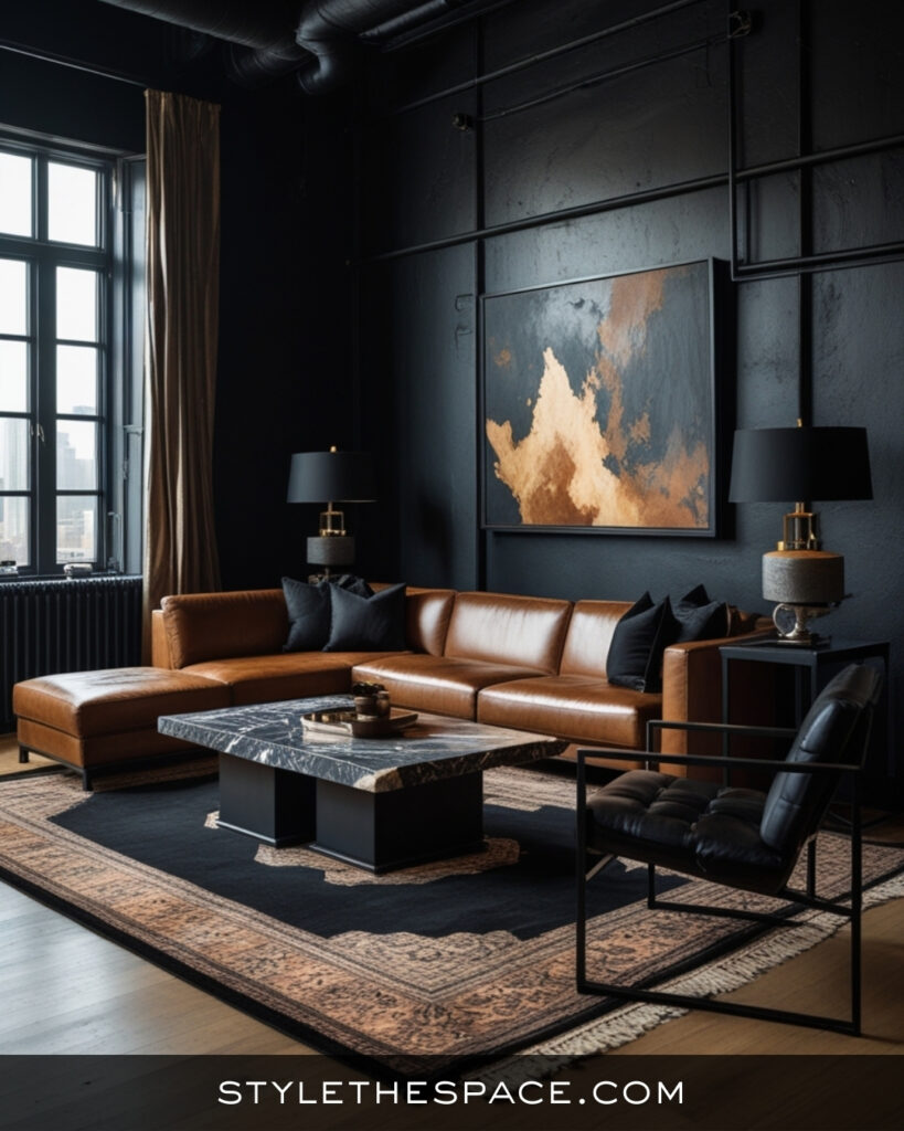 Black Living Room With Warm Leather and Industrial Edge