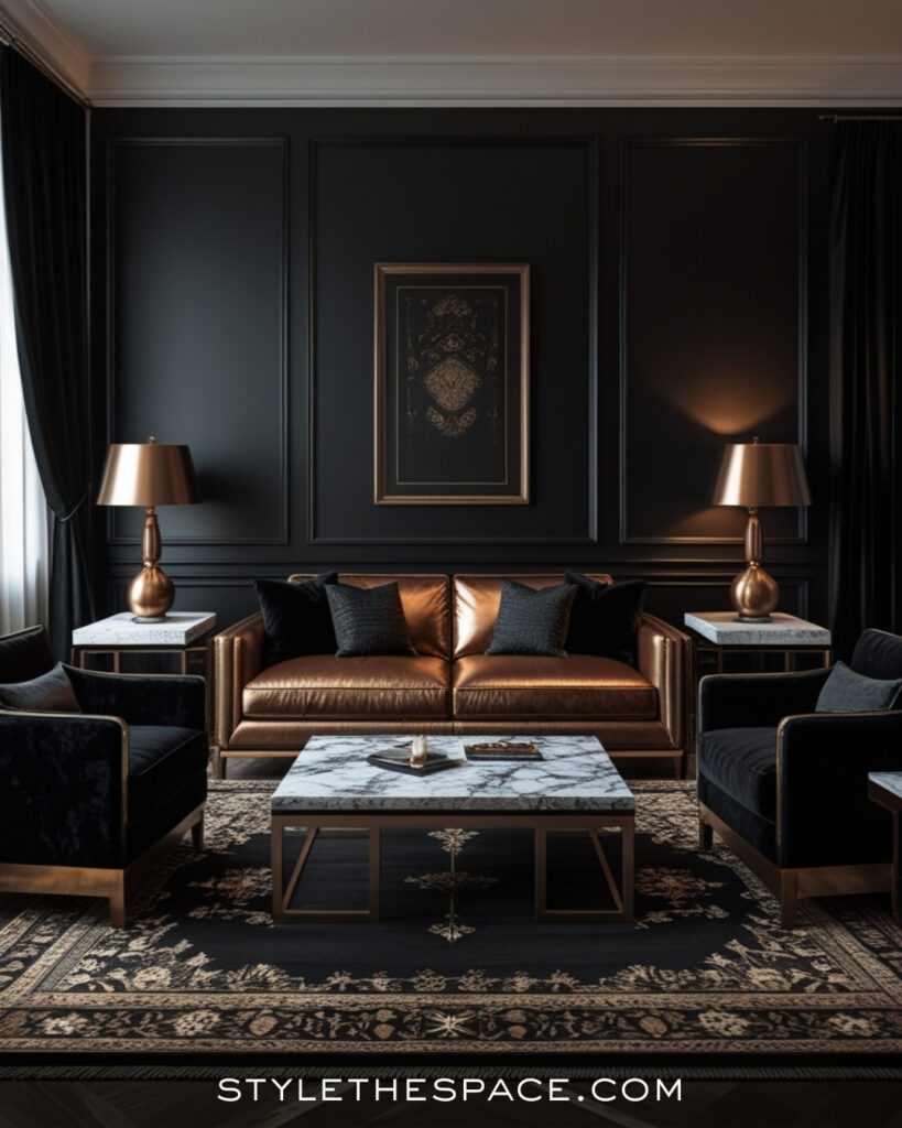Black Living Room With Warm Leather and Moody Elegance