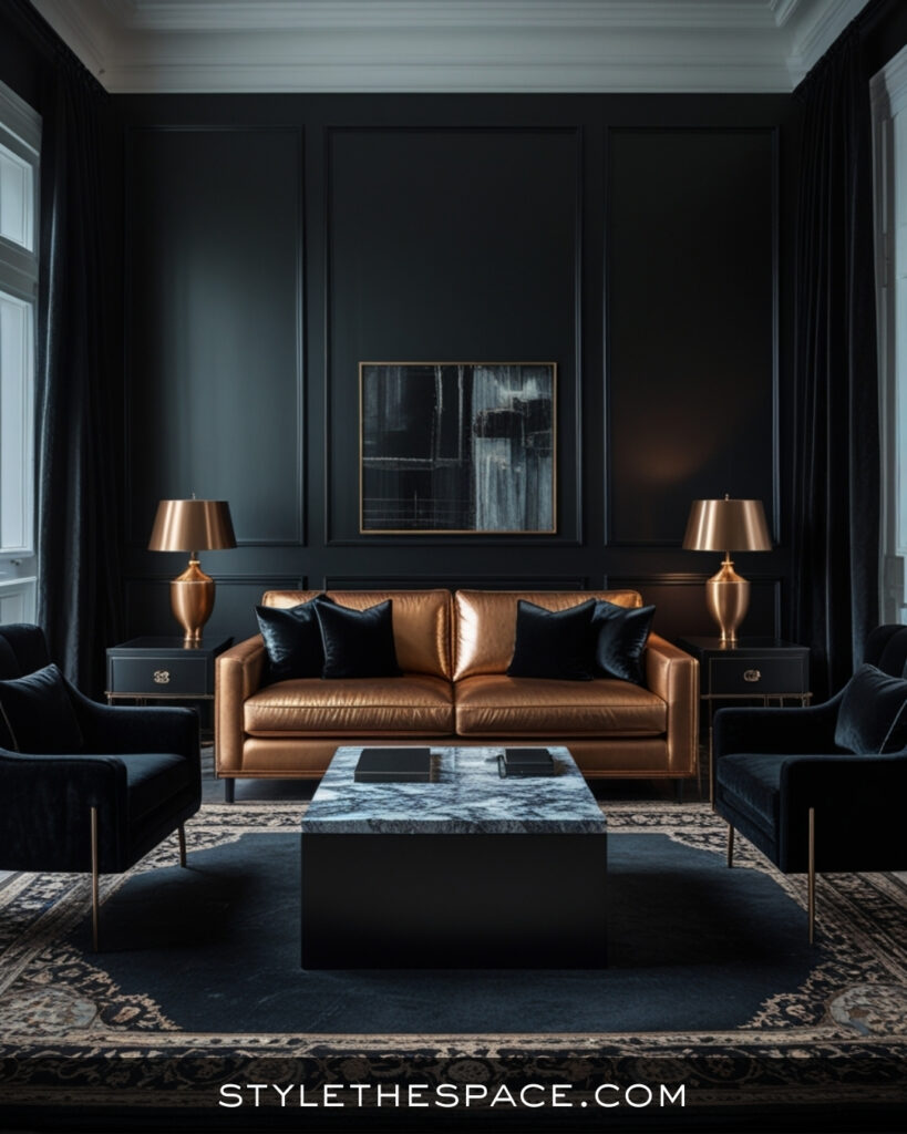 Black Living Room With Warm Leather and Moody Elegance