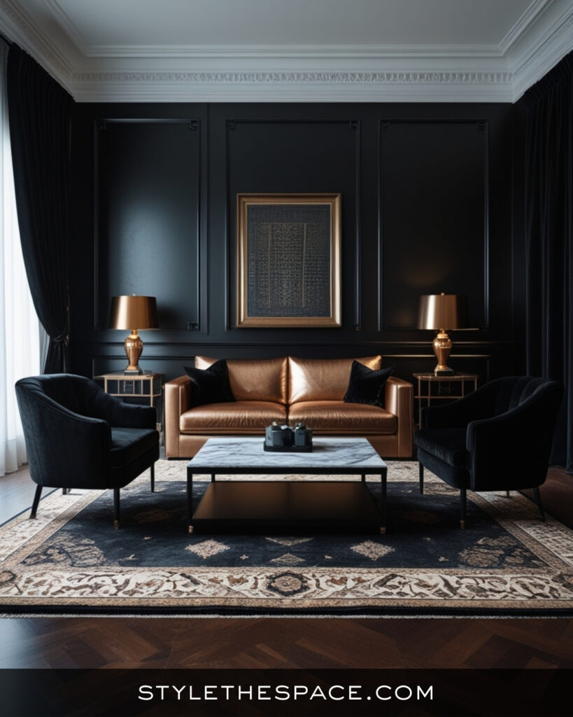 Black Living Room With Warm Leather and Moody Elegance