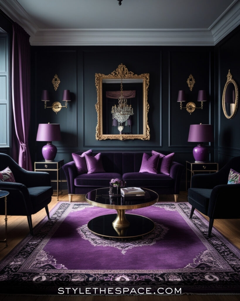 Black Living Room With Deep Purple and Gold Drama