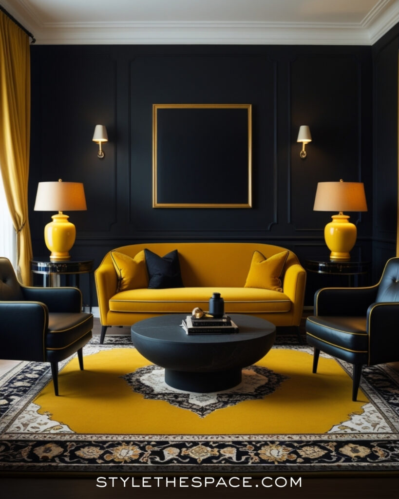 Black Living Room With Bold Mustard Yellow Accents