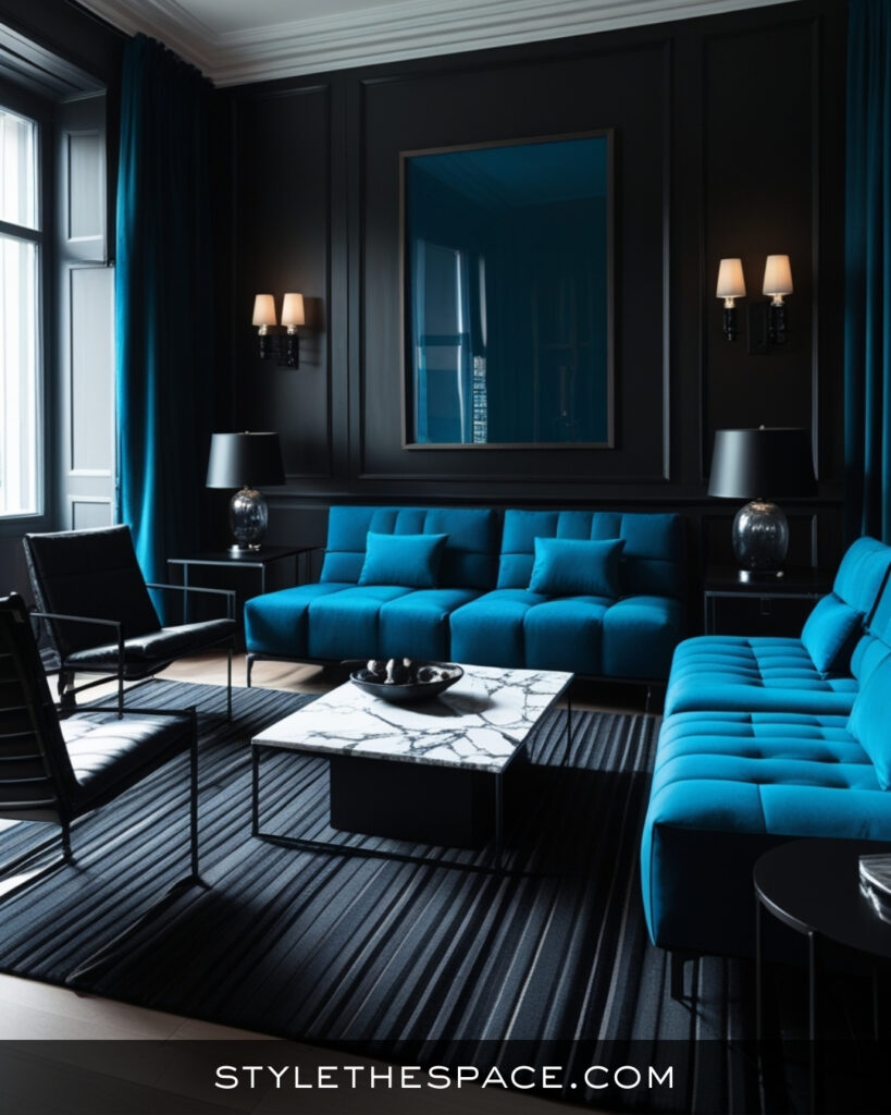 Black Living Room With Teal Blue Modern Contrast