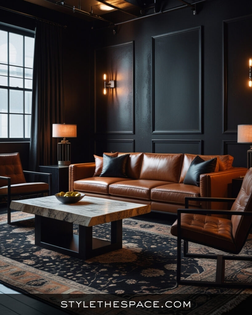 Black Living Room With Warm Leather and Industrial Edge