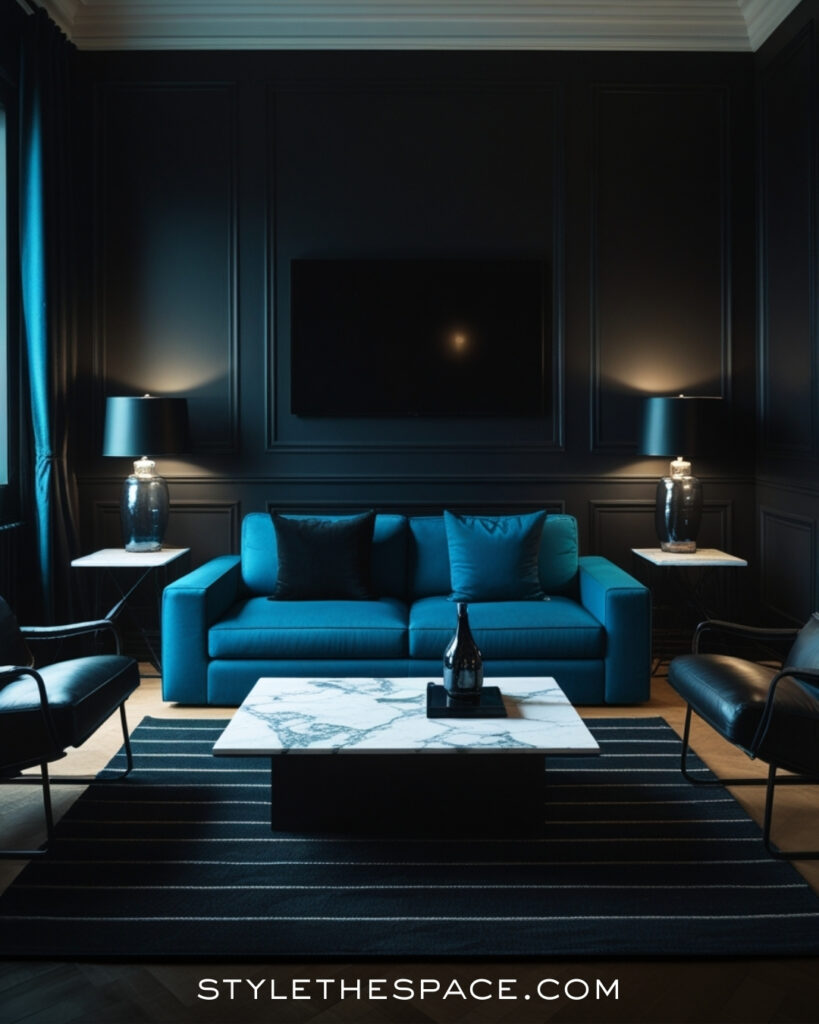Black Living Room With Teal Blue Modern Contrast