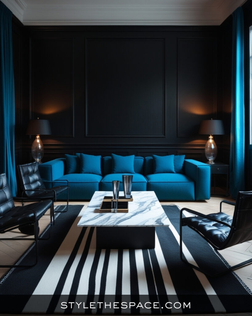 Black Living Room With Teal Blue Modern Contrast