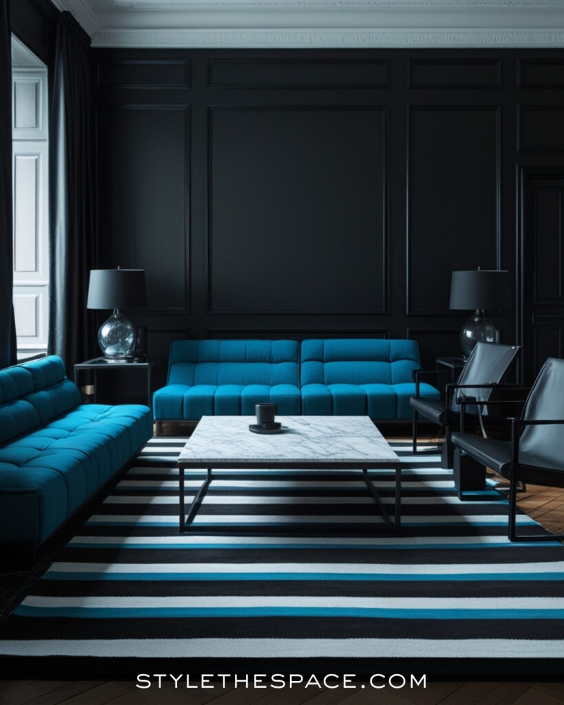 Black Living Room With Teal Blue Modern Contrast